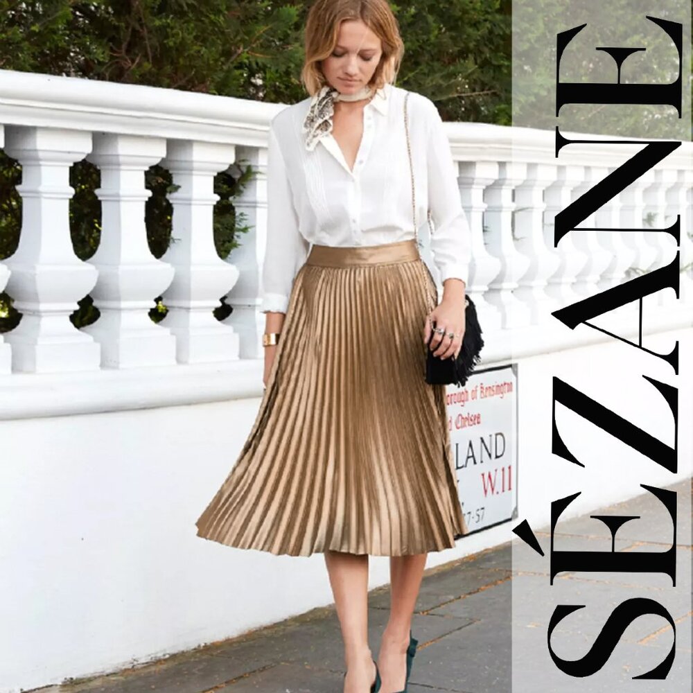 NWT Sézane Dino Pleated Midi Skirt in Champagne - US Size 8